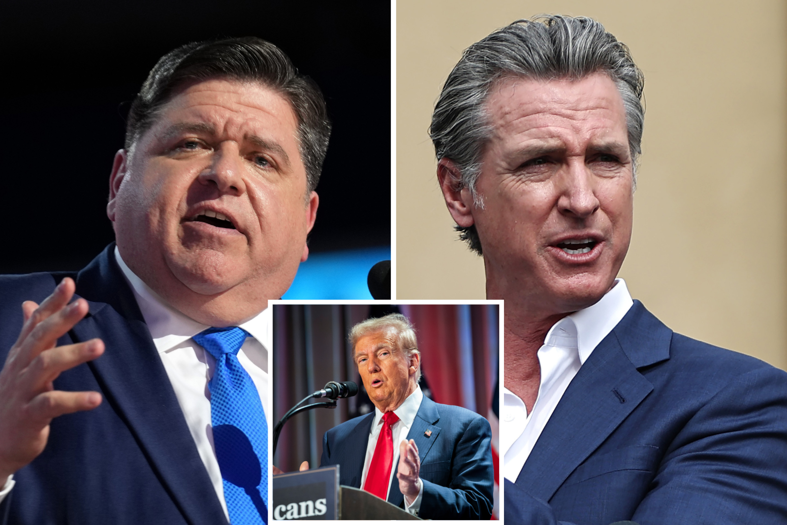 Composite photo of Illinois Gov. JB Pritzker and another man speaking, with an inset of Donald Trump at a podium.