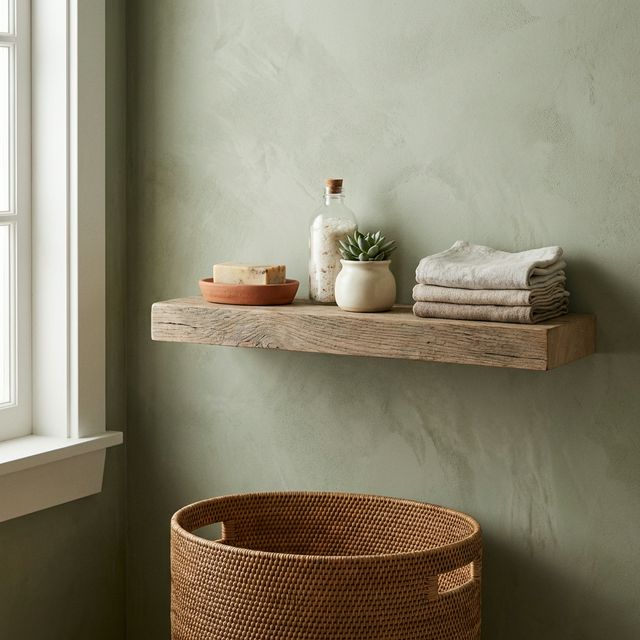 Modern cottage bathroom vignette with weathered oak floating shelf, handmade terra cotta soap dish, succulent, raw linen washcloths, and woven rattan basket against sage green limewash walls