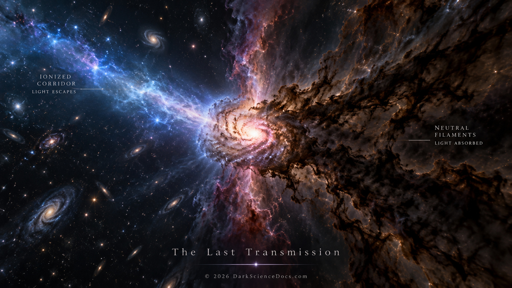 Artist’s interpretation of one young galaxy seen through radically different cosmic sightlines.