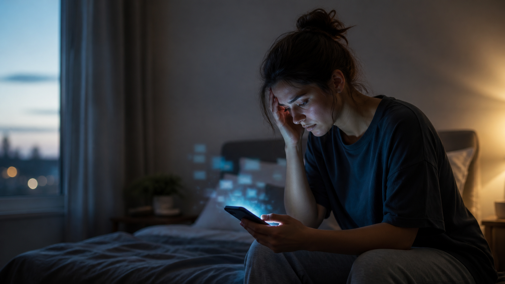 A woman sitting on a bed at night, looking at a smartphone.