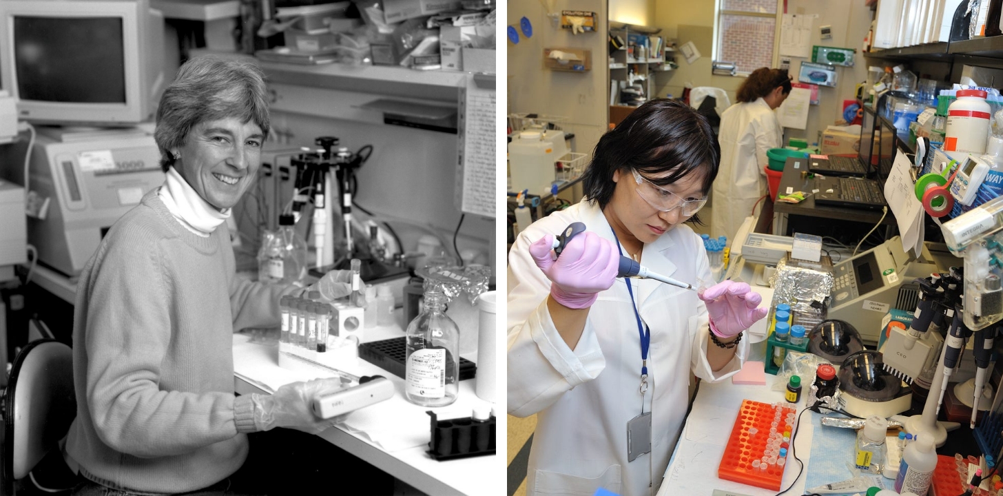 Left: Dr. Anita B. Roberts in the 1980s at the National Cancer Institute (part of the NIH). Her work focused on TGF-β, a protein critical to wound healing and bone fracture repair that can either block or drive cancer development. Right: Dr. Youngmi Ji, a research fellow in the NIAMS Cartilage Biology and Orthopaedics Branch, in 2012. The lab studies specific orthopaedic pathologies to speed the translation of lab findings into clinical therapies.