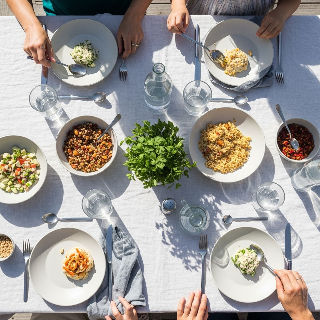 Light and airy overhead flat lay of a family meal spread on a white linen tablecloth — simple dishes, a small bunch of herbs, glasses of water, hands just visible at the edges reaching for food, bright natural daylight