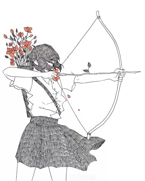 This may contain: a drawing of a girl holding a bow and arrow with flowers in her hand while wearing a dress