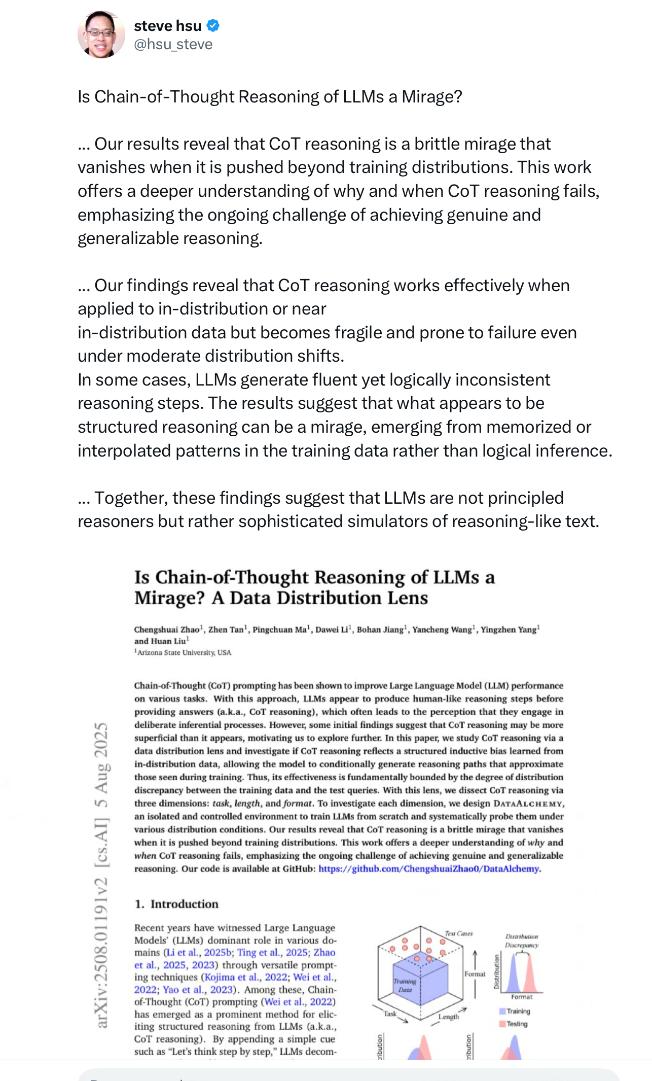 Screenshot of research paper and tweet about chain-of-thought reasoning fragility in LLMs