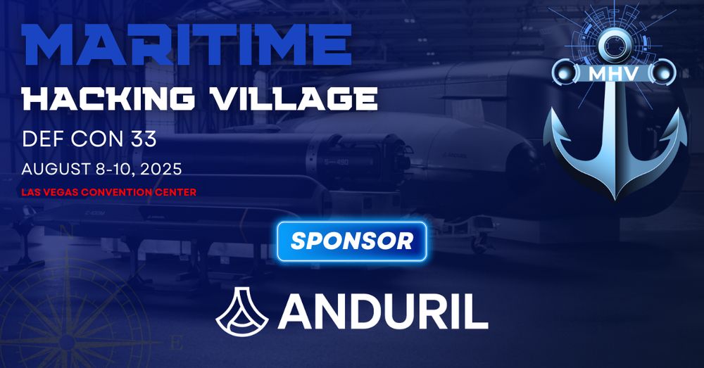 The image is an event announcement for the Maritime Hacking Village at DEF CON 33, taking place from August 8 to 10, 2025, at the Las Vegas Convention Center. The background features a dark, industrial setting with maritime or submarine equipment partially visible. Prominently displayed text includes the event name and dates, a blue glowing label that reads "SPONSOR," and the sponsor's name, Anduril, along with its logo. On the upper right, there is a stylized blue anchor with digital circuit elements and the letters "MHV."