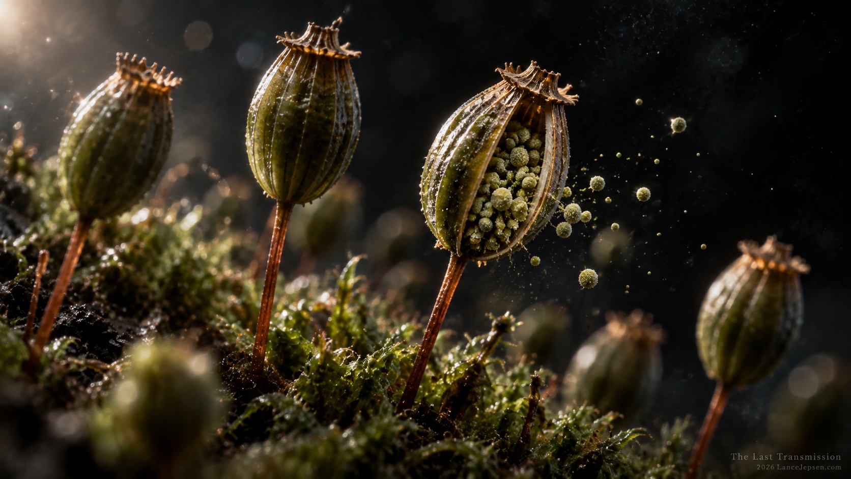 Conceptual cutaway of a moss sporangium surrounding dormant spores