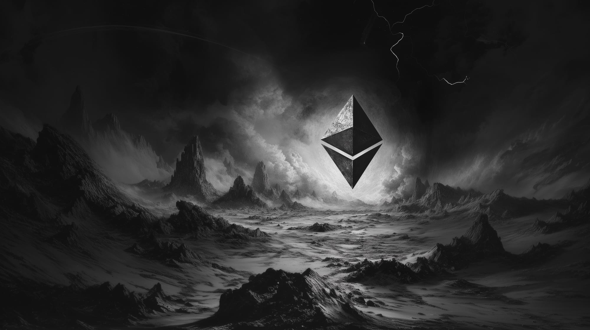 "Black and white pointillism of a giant Ethereum symbol in a vast dystopian world"