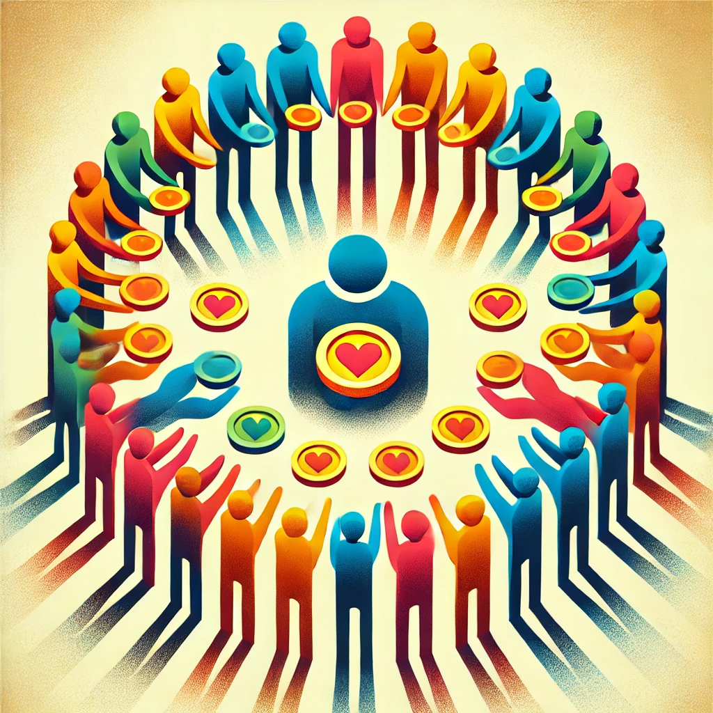 A group of simplified, colorful silhouettes gathered in a circle, each holding a coin or small heart toward the center. The central figure (the creator) is receiving these tokens of support. The image conveys unity, shared effort, and voluntary contribution.