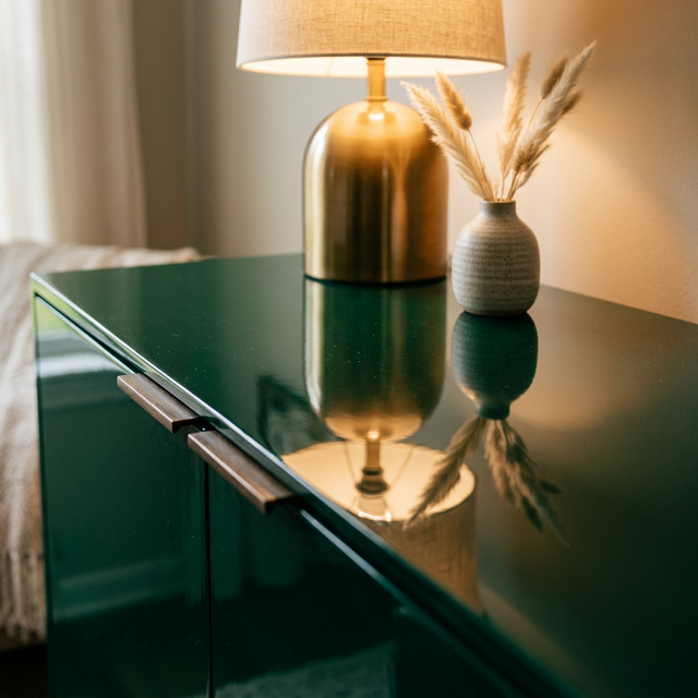 Close-up of a deep emerald green lacquered credenza surface showing mirror-like reflective depth, with a brass table lamp and small ceramic vase with dried pampas grass