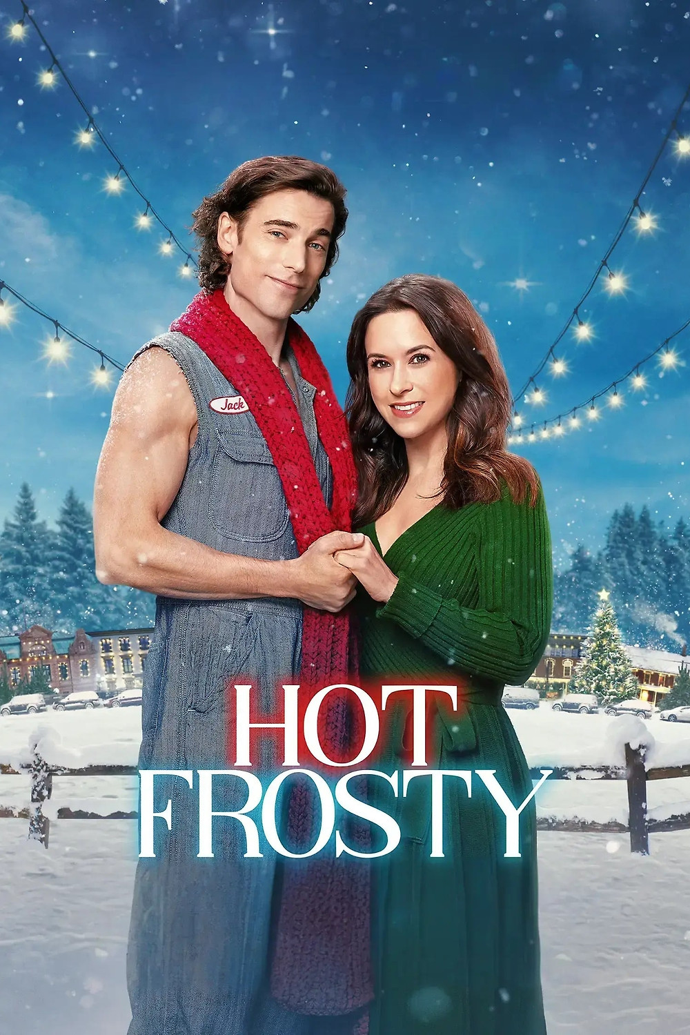 the Netflix cover image for “Hot Frosty” (2024) featuring the male and female leads standing side-by-sid,e holding hands. the background is a dark blue sky with strings of lights.
