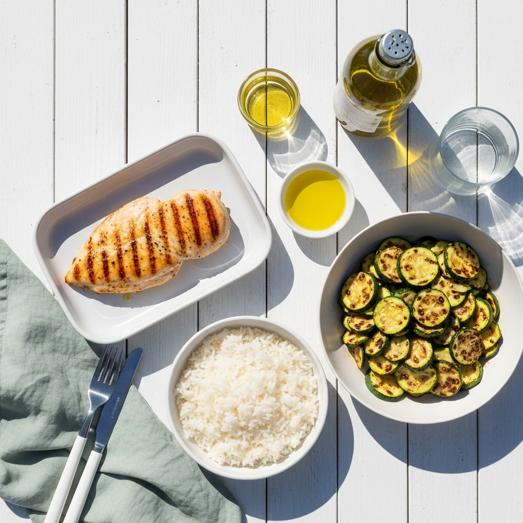 Overhead flat lay of a bright summer cookout spread on a white wood table — grilled chicken breast, plain white rice, well-cooked zucchini, and a small dish of olive oil, in bright natural daylight with soft sage linen napkin