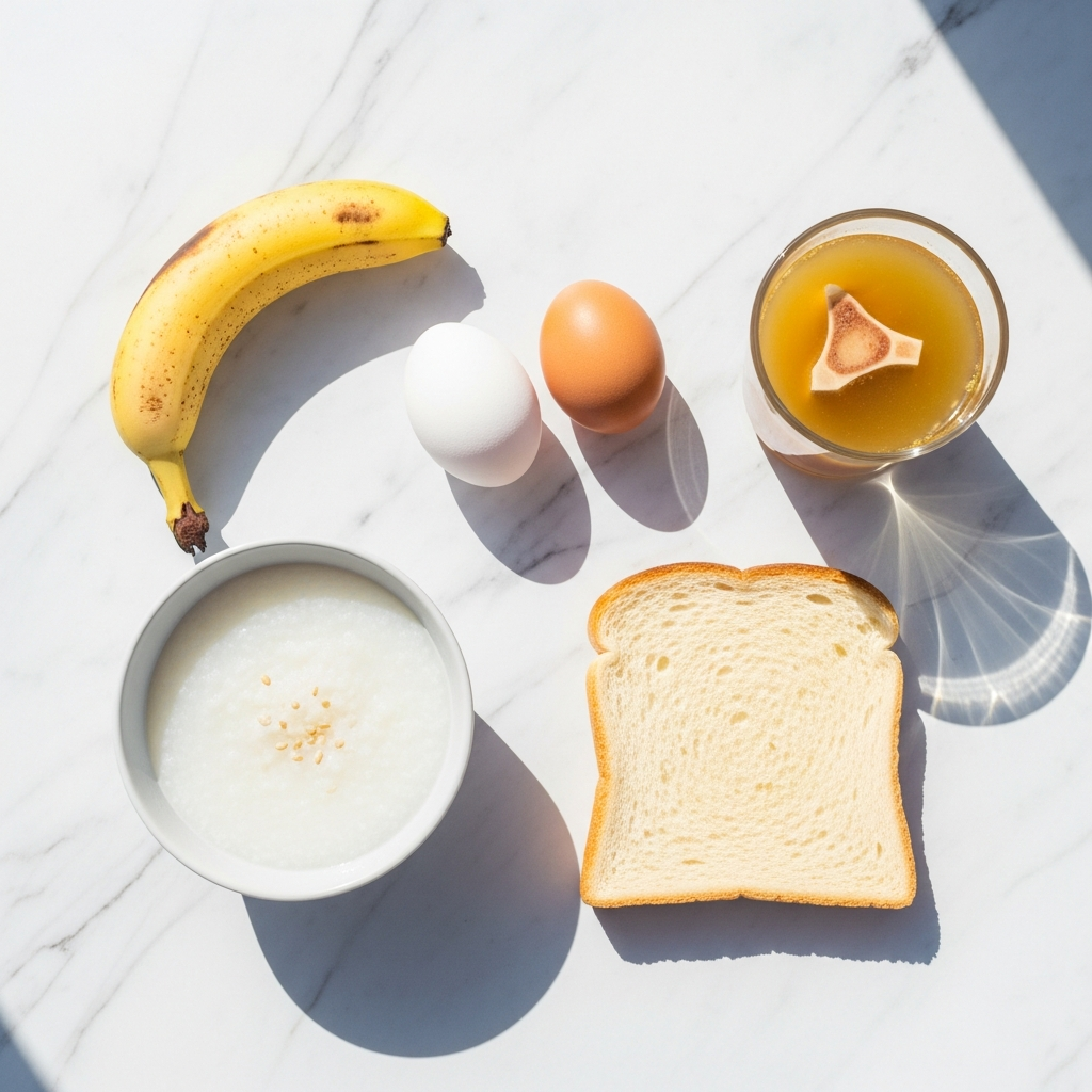Overhead flat lay of five breakfast items — a small bowl of white rice congee, two eggs, a ripe banana, a slice of plain toast, and a glass of golden bone broth — on a white marble surface in bright natural daylight