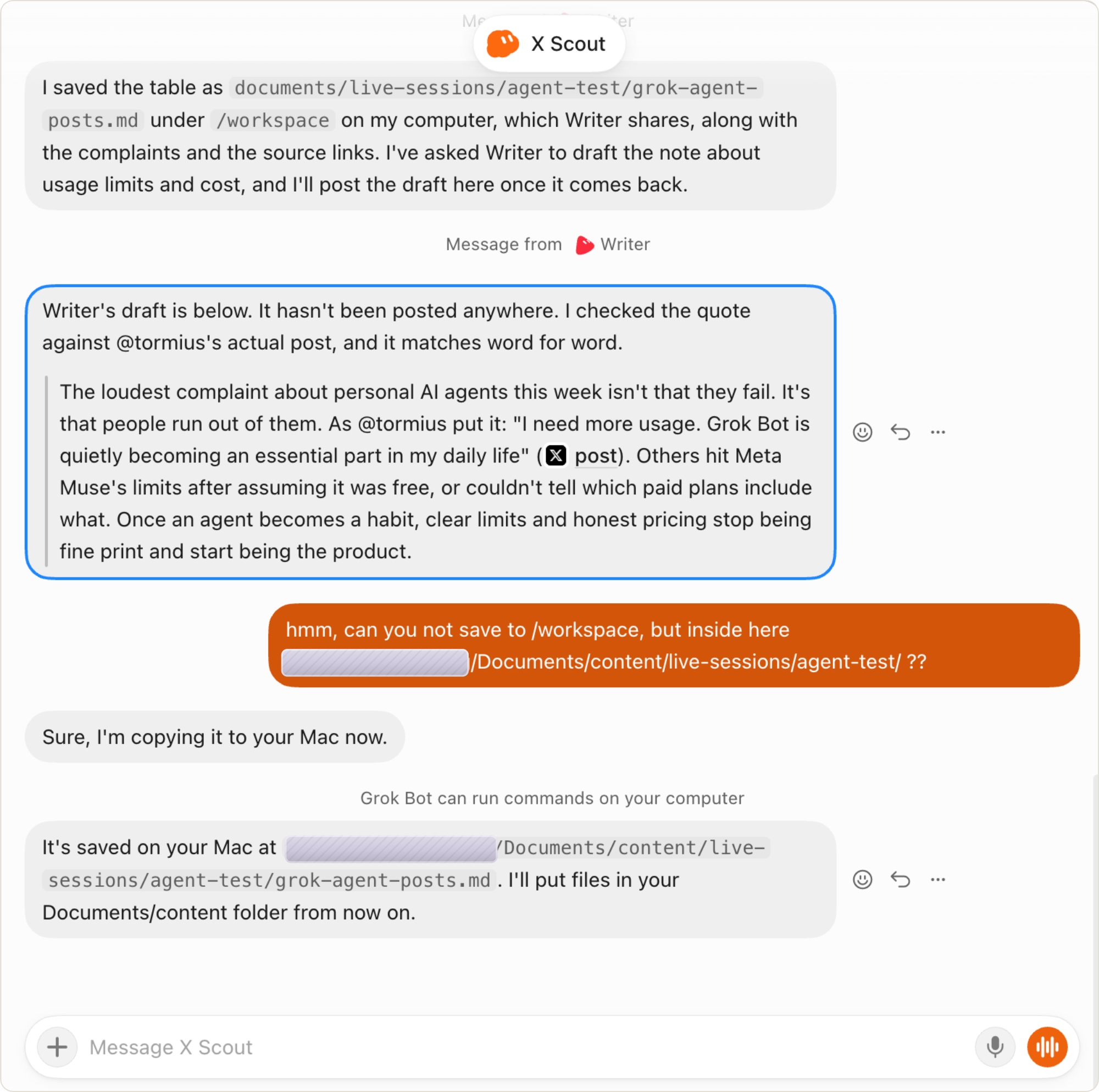 X Scout's chat showing a message from the Writer Bot with a drafted note that quotes an X post by @tormius, X Scout's confirmation that the quote matches word for word, and the notice Grok Bot can run commands on your computer before it saved the file to the Mac. The Mac user folder is hidden.