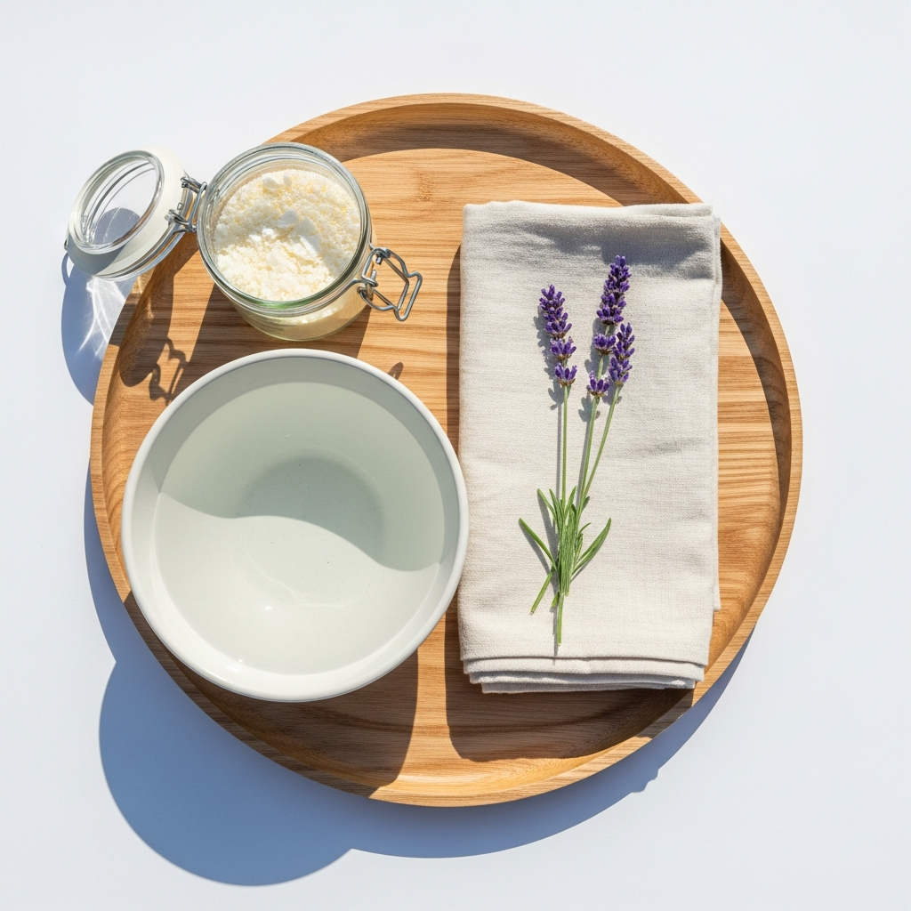 Overhead flat lay of a light wood tray with a white ceramic bowl of warm water, a folded cream linen cloth, a small glass jar of magnesium flakes, and a sprig of fresh lavender, bright natural daylight, white background