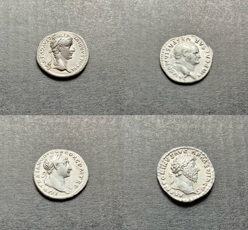 Four imperial silver denarii of Tiberius, Vespasian, Trajan and Marcus Aurelius