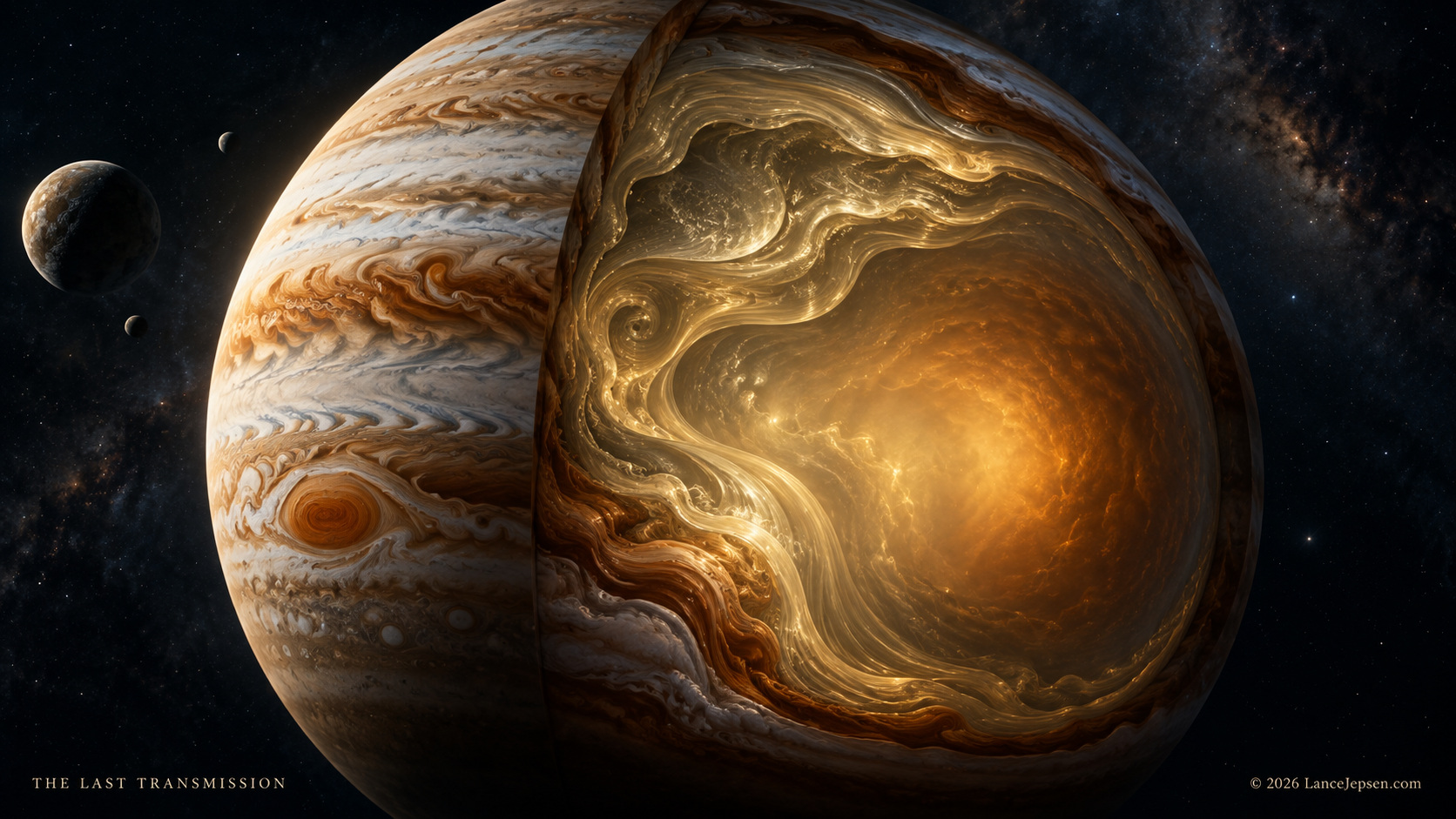 Conceptual cutaway of Jupiter with a glowing gradient suggesting a diffuse core
