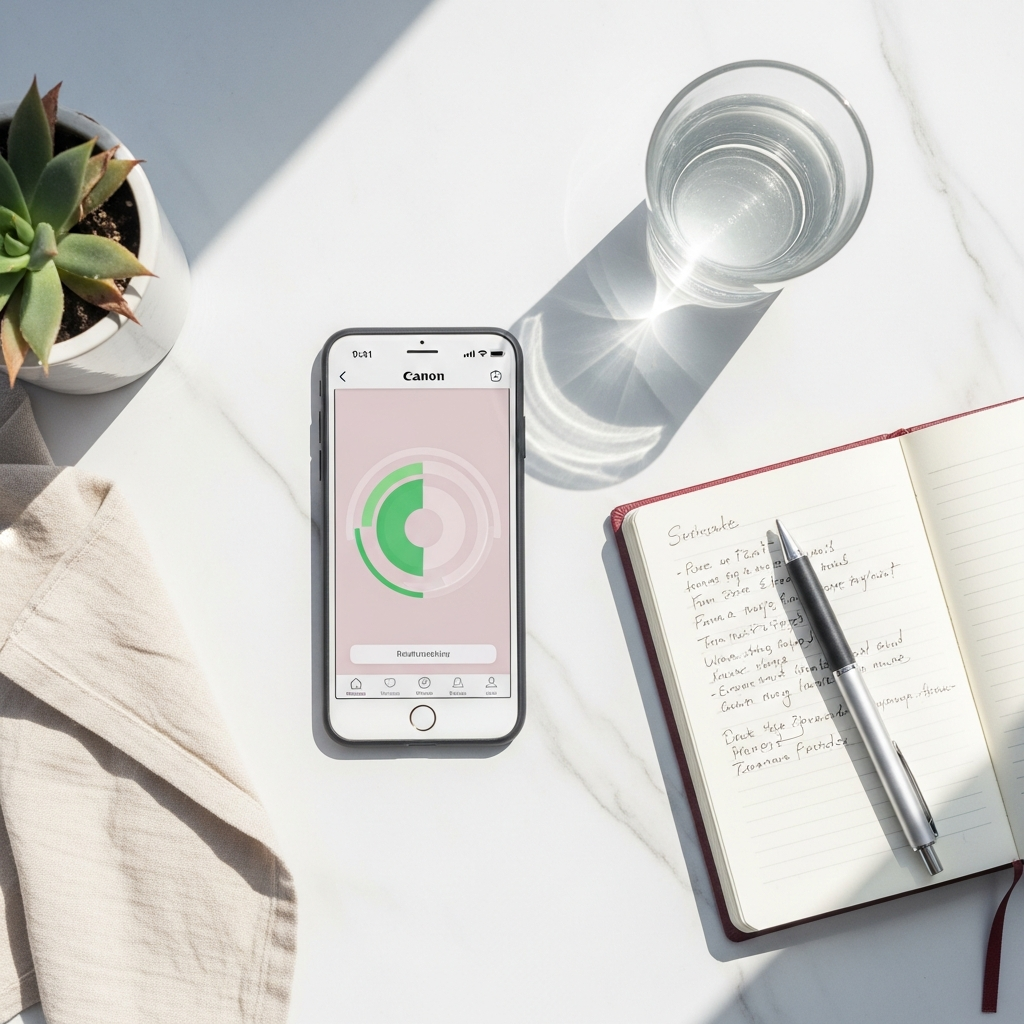 Overhead flat lay of a phone displaying a health tracking app on a bright white marble surface, surrounded by a small notebook open to handwritten notes, a pen, and a glass of water, flooded with natural daylight