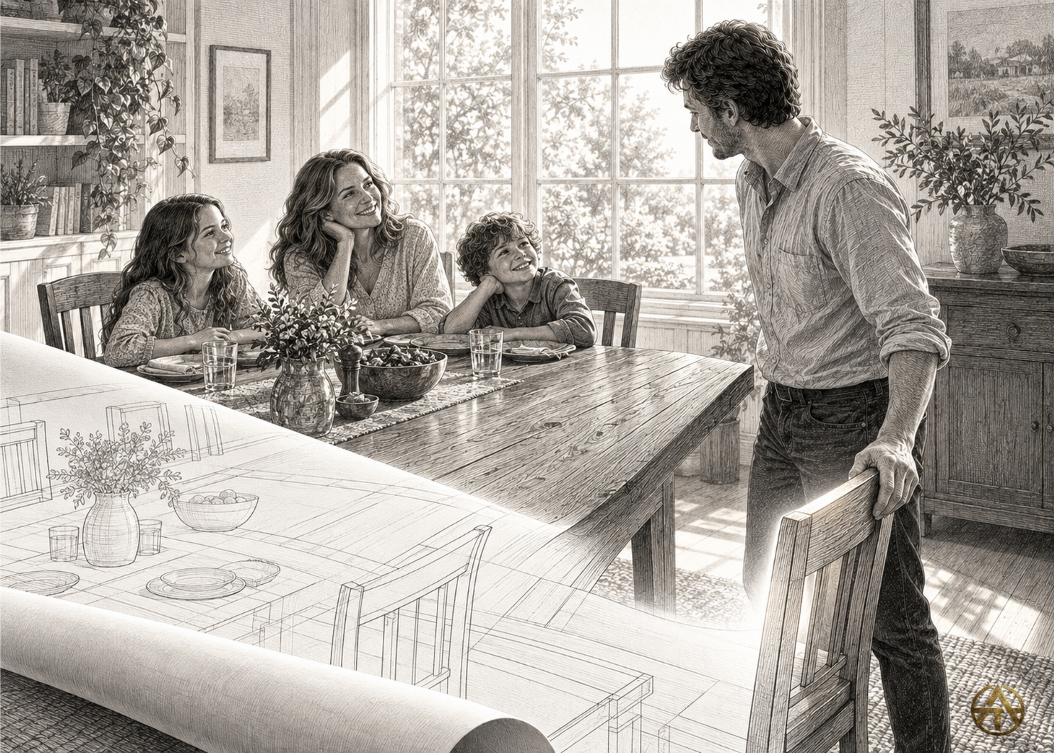 An architectural drawing unfolds into a dining table as a man pulls out a glowing chair beside a woman and two children.