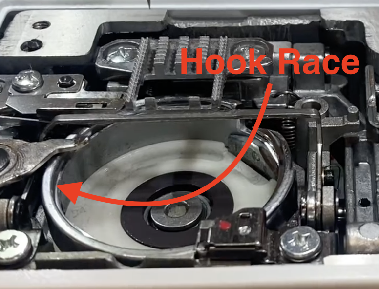 Hook race on a horizontal rotary hook sewing machine, where broken needle tips often end up