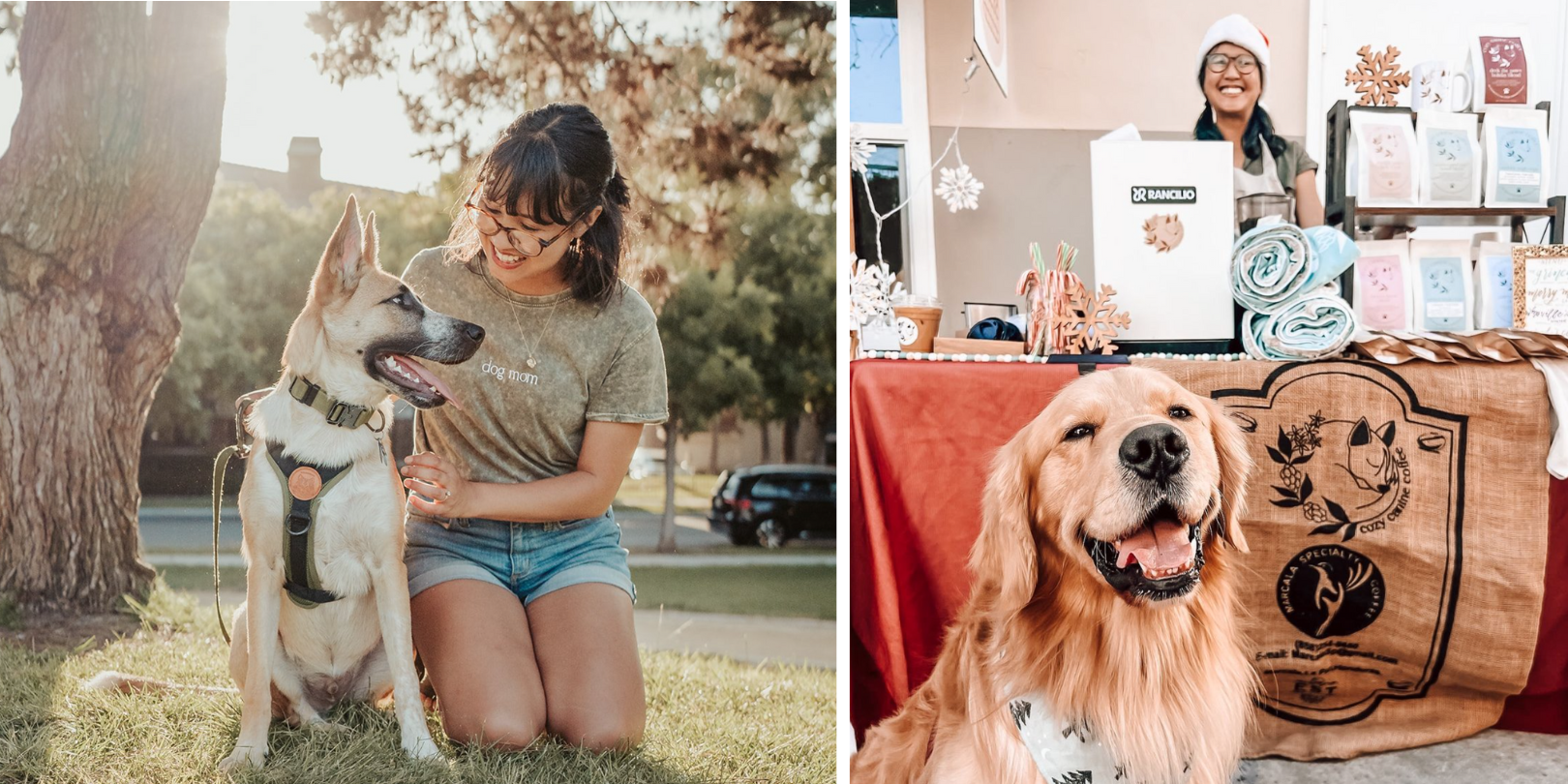 Left: A woman kneels near the trunk of her tree smiling down next to a dog who is looking toward the right. Right: A golden retriever poses with a smile in front of a table at a pop-up market. Caroline (the vendor) smiles in the background standing behind a table with a red cloth covering draped to the ground and bags of coffee for sale on the table.