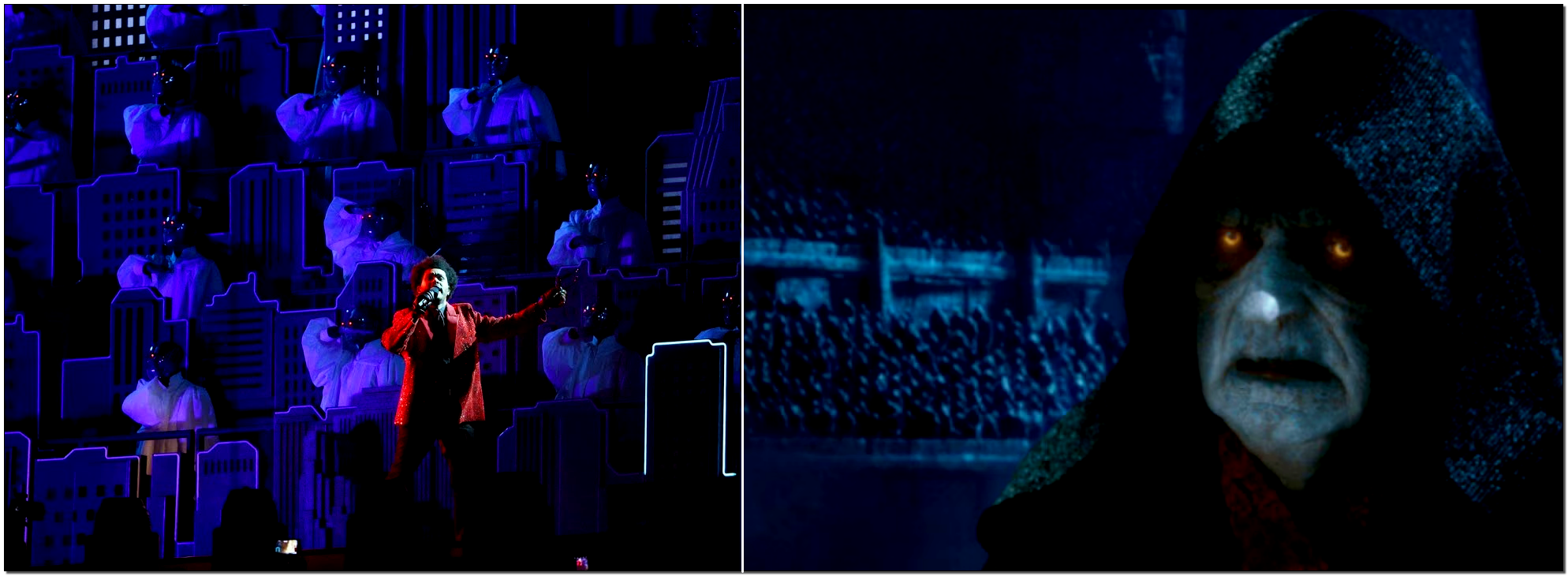 Super Bowl 2021: The Weekend (lucifer) Singing in Front of His Fallen Brethren. Similar theme as Rise of Skywalker Ending with Palpatine