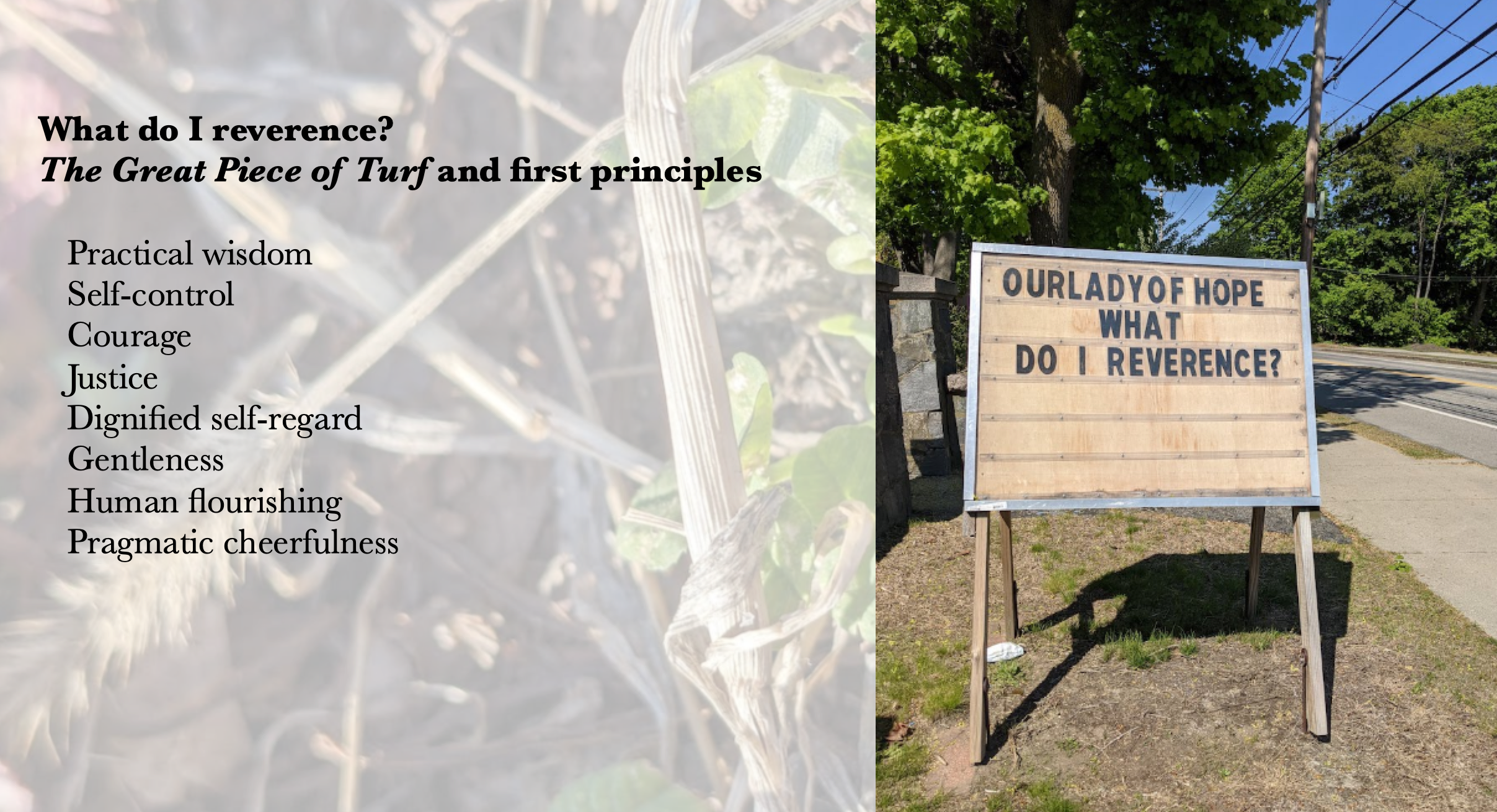 On the left, the question "What do I reverence?" and a list of virtues: Practical wisdom, self-control, courage, justice, dignified self-regard, gentleness, human flourishing, pragmatic cheerfulness. On the right, an image of a signboard with the words OUR LADY OF GOOD HOPE and WHAT DO I REVERENCE?