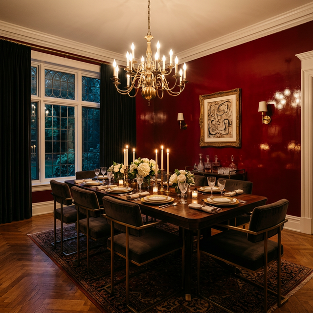 Elegant dining room featuring a high-gloss oxblood red lacquered accent wall reflecting warm candlelight, with a walnut dining table, brass chandelier, and herringbone wood floor