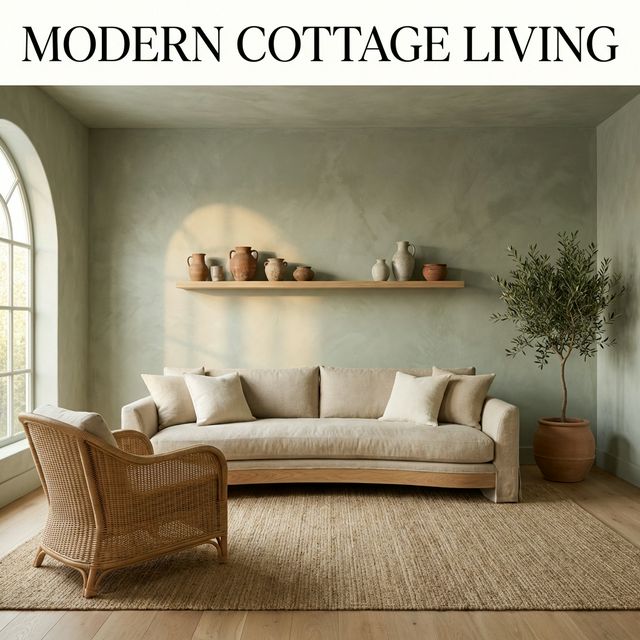 Modern Cottage living room with sage green limewash walls, linen sofa, and rattan armchair