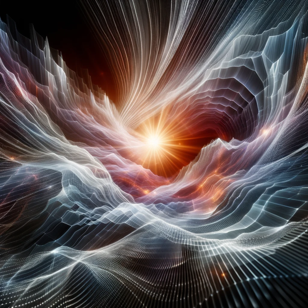 Flowing digital waves surrounding a radiant prism, which reflects and refracts the patterns.