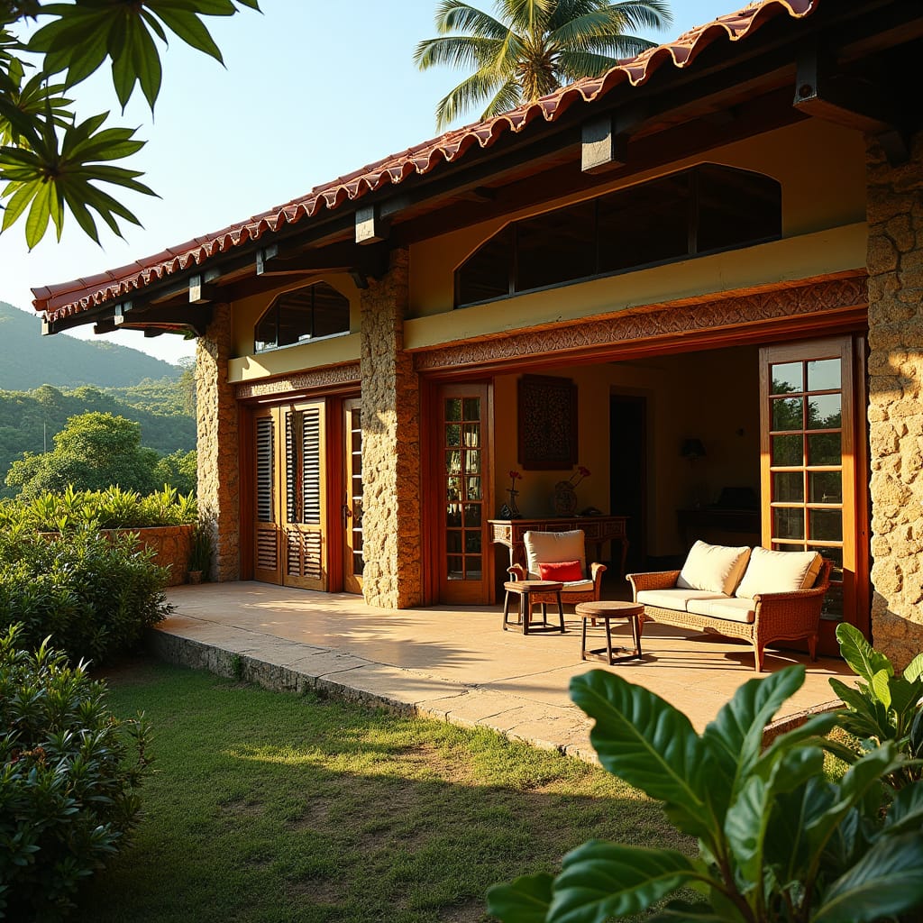 Elegant Jamaican-Ghanaian styled home nestled in the lush Jamaican landscape, blending African and colonial architectural influences, featuring intricately crafted wooden shutters, colorful textiles, and ornate carvings, amidst open spaces and communal living areas that seamlessly integrate with the surrounding natural beauty, emphasizing natural ventilation and environmental harmony, reminiscent of traditional African dwellings.