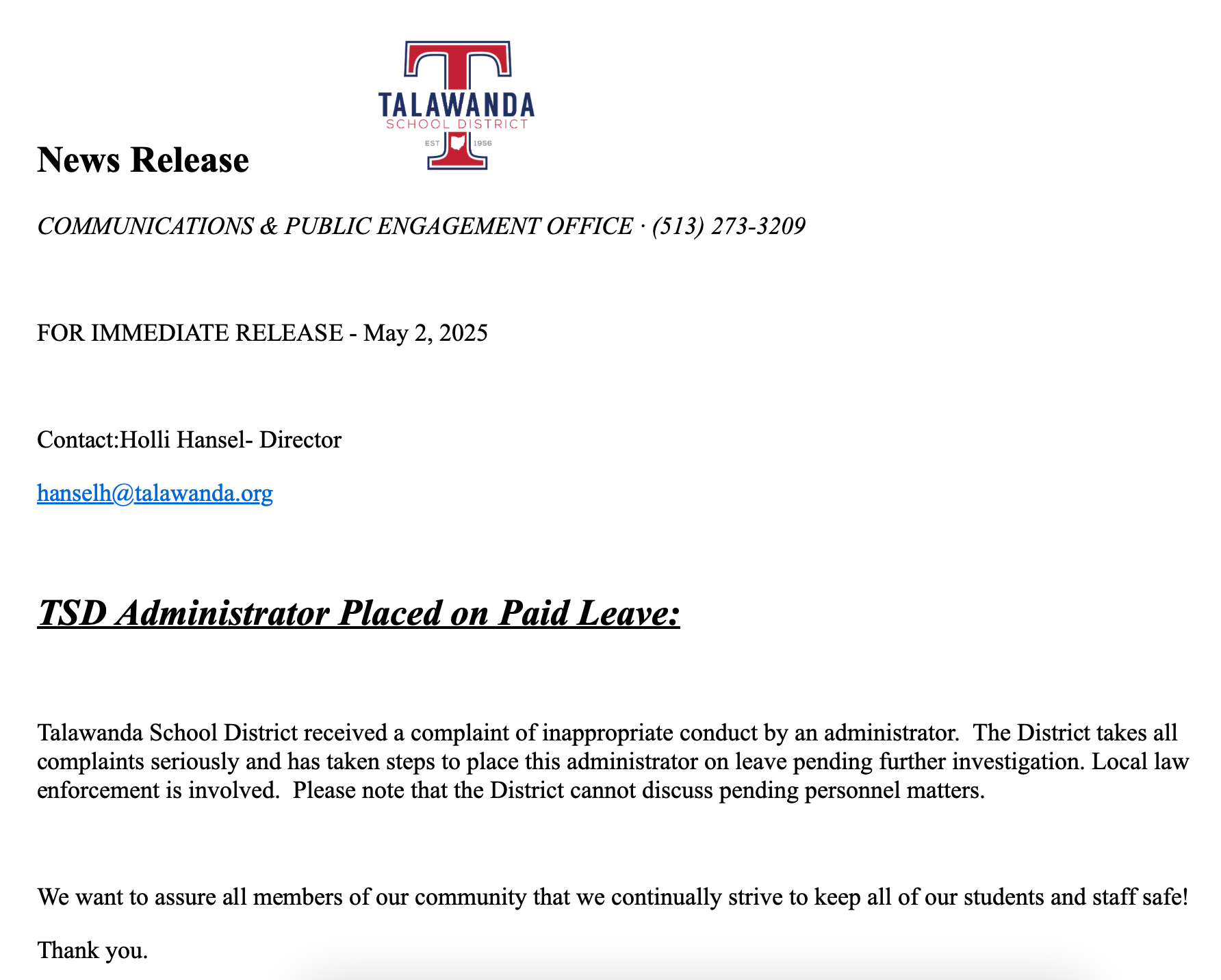 Talawanda Elementary School Principal Accused of Sexual Assault Toward