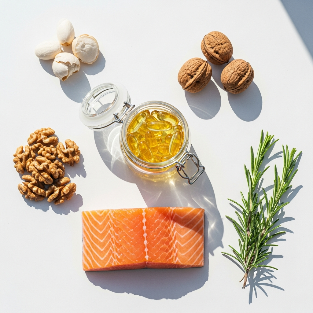 Overhead flat lay of omega-3 rich foods on a bright white surface — a small glass jar of fish oil capsules, a handful of walnuts, a piece of fresh salmon fillet, and a sprig of fresh rosemary — bright natural daylight, light wood surface, no text, no faces