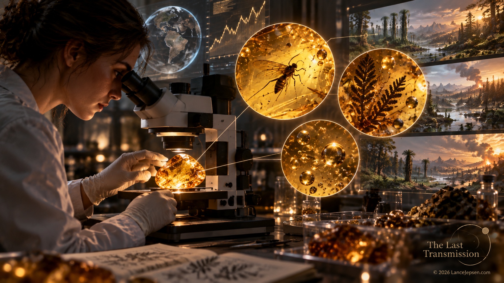 Conceptual researcher examining ancient amber with laboratory instruments