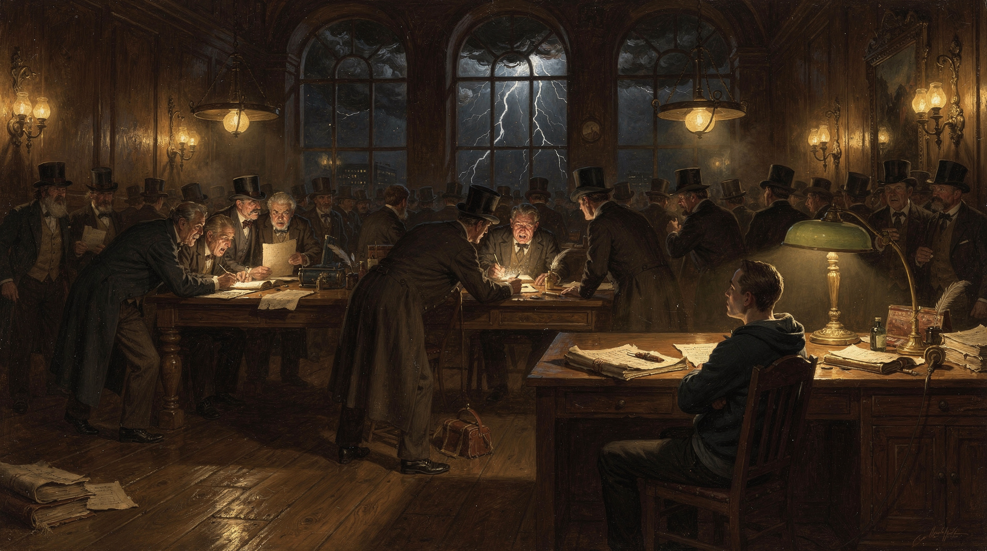 A lone trader working late at night, Renaissance oil painting style