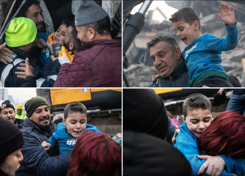 Çok kare var ancak birçoğuna burada yer vermeye içim el vermedi. Fotoğraflarda, Hatay’da 52 saat enkaz altında kaldıktan sonra kurtarılan 8 yaşındaki Yiğit Çakmak var ( Kaynak ).