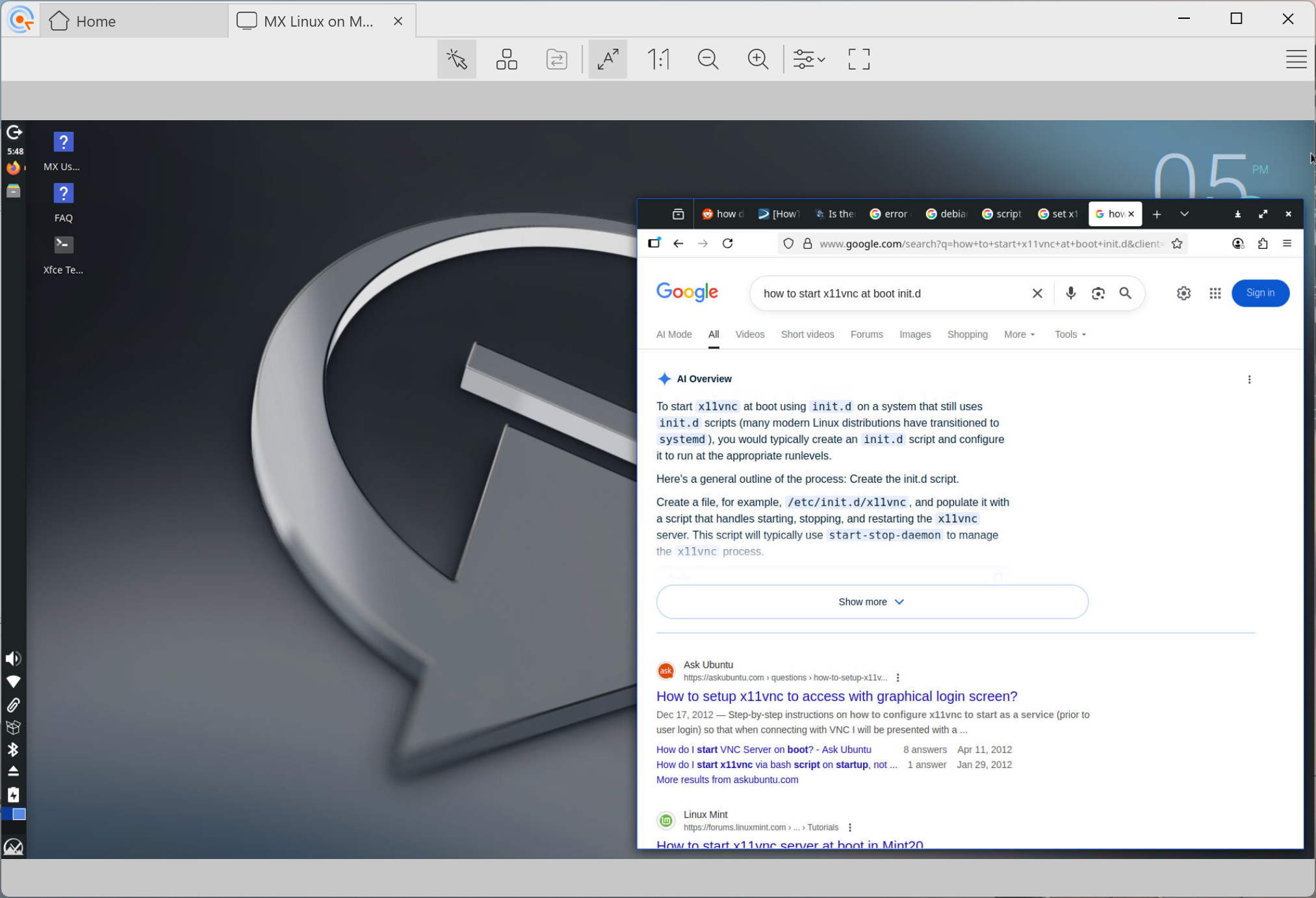 MX Linux on a Mac Mini 2014 via a VNC connection