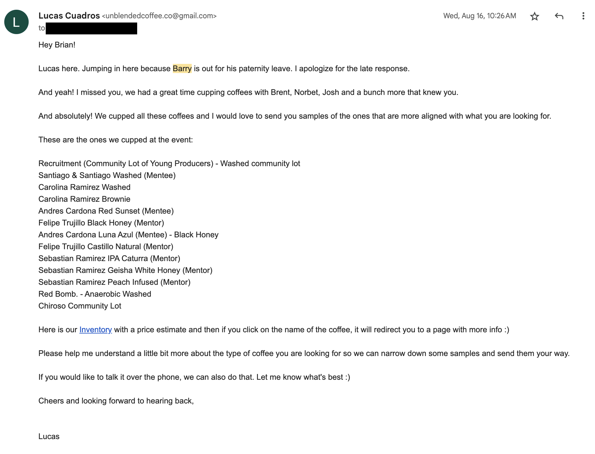 Coffee greens listing from Unblended