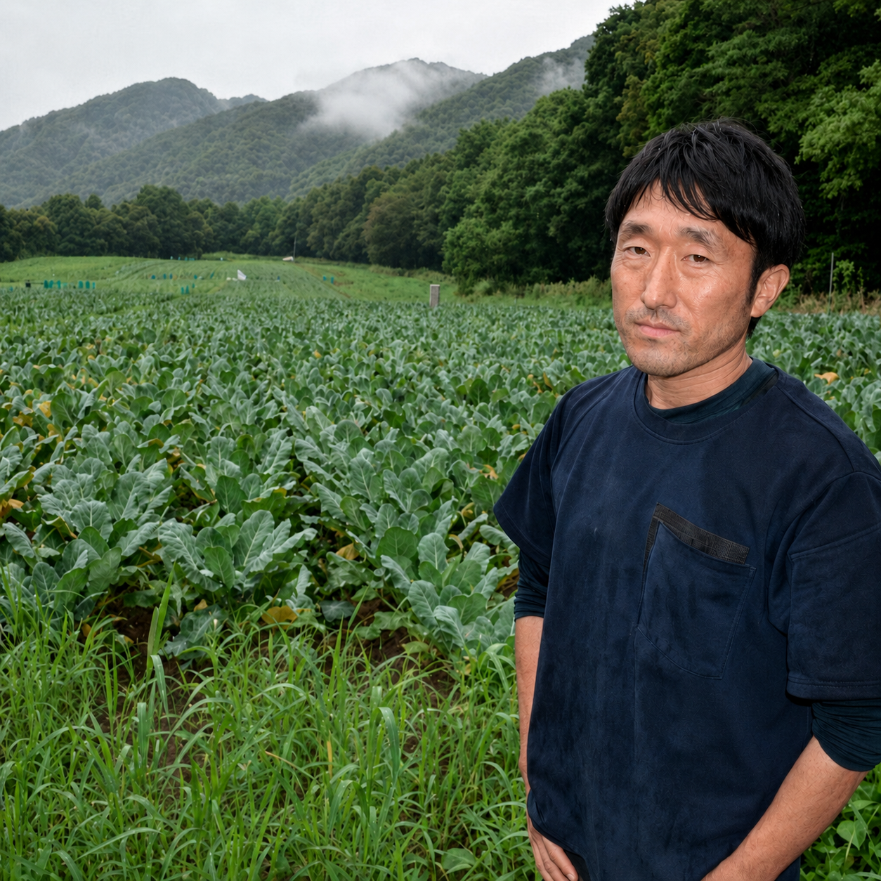 Hiroki Tomiyasu na frente da lavoura de brócolis em Hokkaido, no Japão (foto: OpenAI / ChatGPT for Pros)