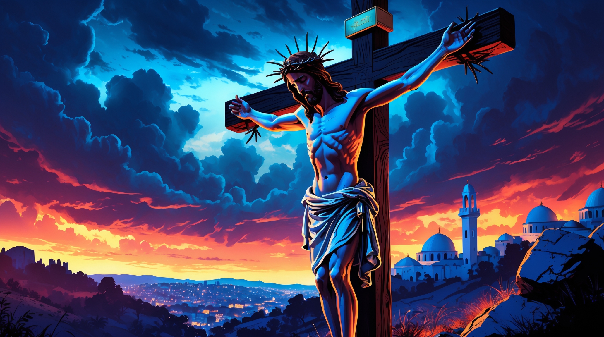 Illustration of Jesus on the cross wearing a crown of thorns, set against a dramatic darkened sky over Jerusalem with glowing sunset colors and storm clouds.