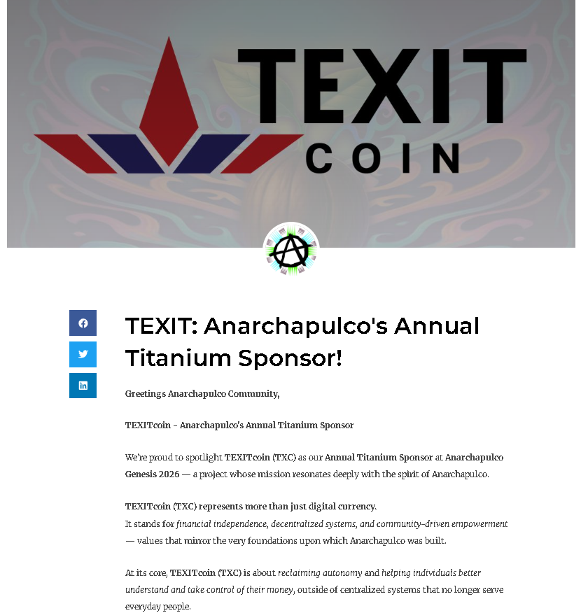 Texit Coin, Anarchapulco's Apparent 2026 "Pump & Dump," Dumps Early When Texas Orders Cease & Disest and Founder Flees to No-Extradition Hong Kong