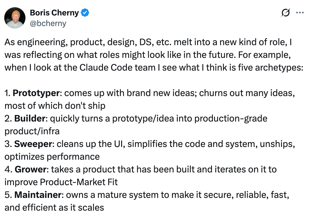 Boris Cherny's post listing the five archetypes: prototyper, builder, sweeper, grower, and maintainer