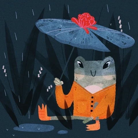 Raining Rainy Day GIF by rileyalwayssmiley. It has a dark bakground with a grey-blue frog sitting in a puddle, holding a blue umbrella. the frog is wearing an orange rain coat and orange boots. it is smiling in the rain.