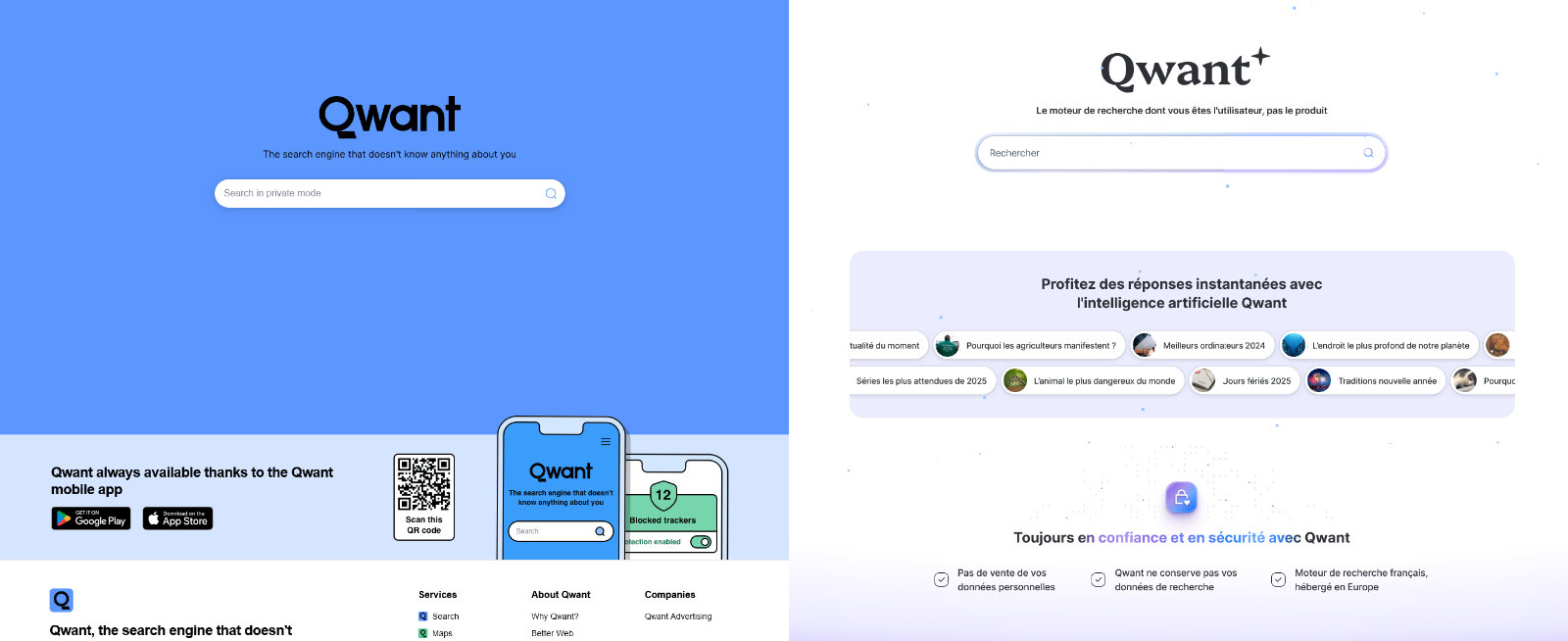 2 écrans de la page d'accueil web qwant avec l'un aux graphismes de l'IA