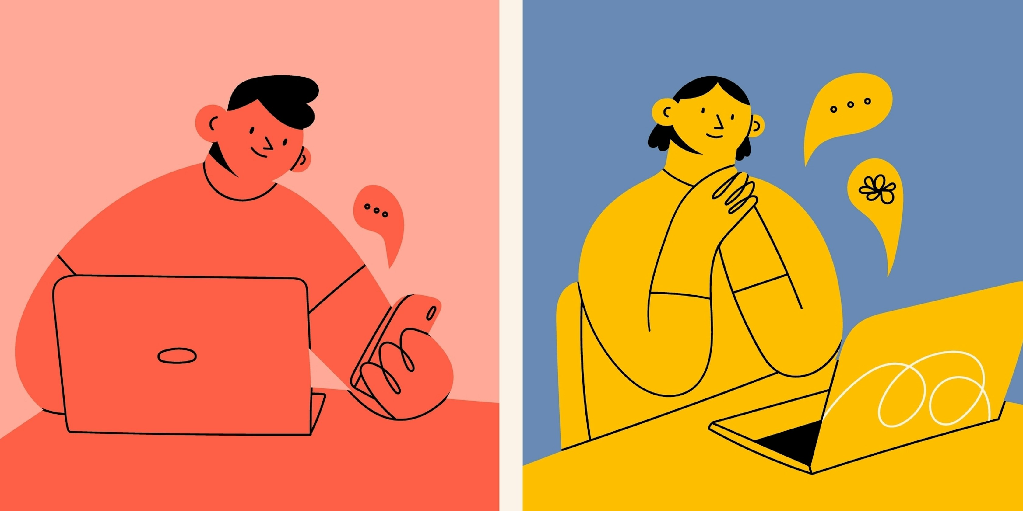 People using laptop, looking at smartphone, holding book. Working online, freelancing, education, knowledge concept. Cartoon style characters. Set of three hand drawn Vector illustrations