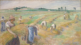 Painting of farm workers harvesting grain across a broad field