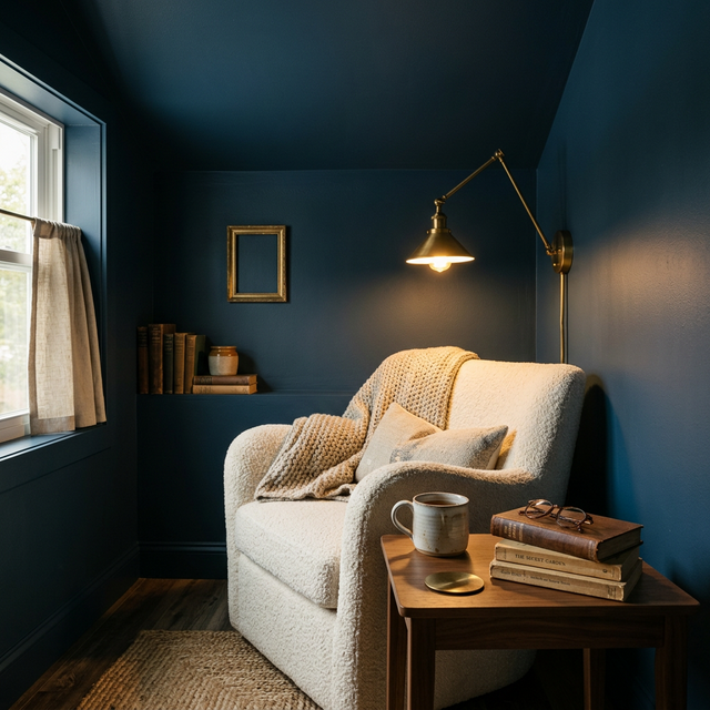 Cozy reading nook with walls and ceiling drenched in rich stormy navy blue, featuring a warm ivory boucle armchair, walnut side table, brass reading lamp, and stacked books