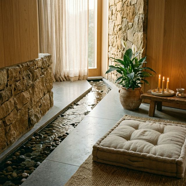 Serene meditation room with floor-level water rill