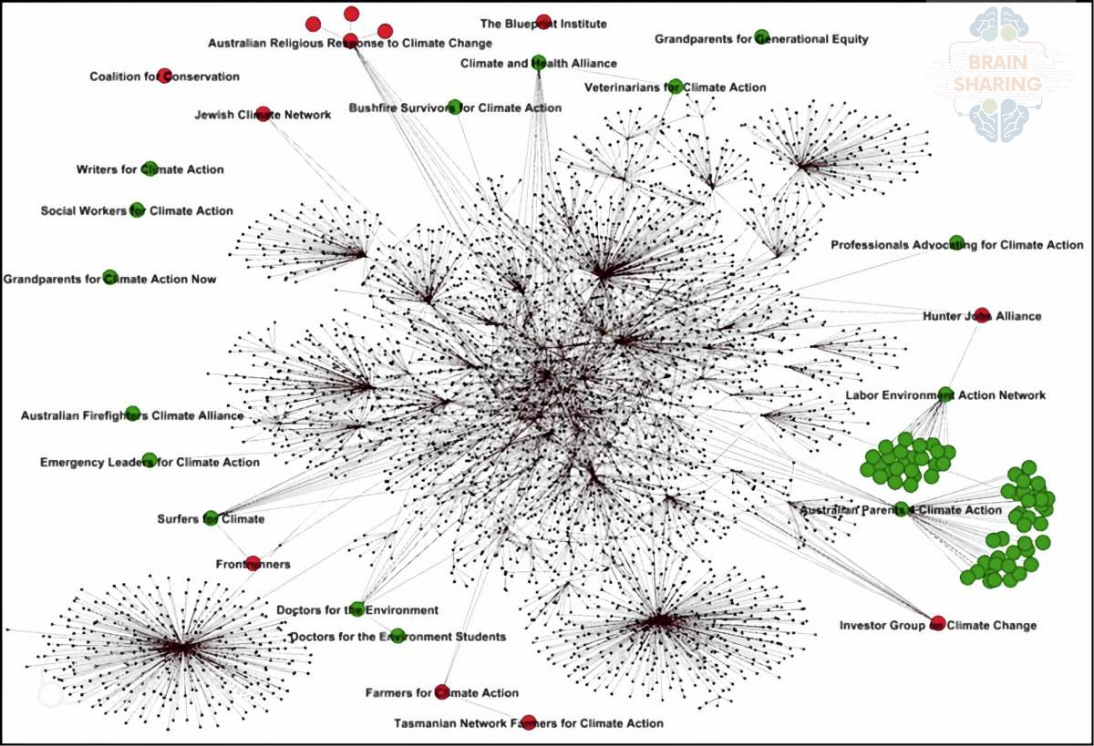 Network graph of climate action groups showing their interconnections and assimilation into broader activist networks