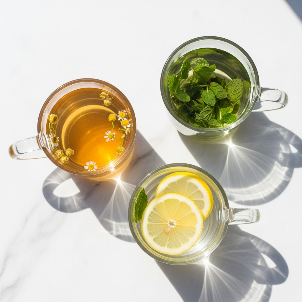 Overhead flat lay of three glass mugs on a white marble surface in bright natural daylight — one with pale golden chamomile tea, one with green peppermint tea, one with warm water and lemon slices, white background, light and airy