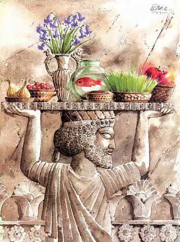 Illustration combining a Persian relief figure with a haft-seen arrangement